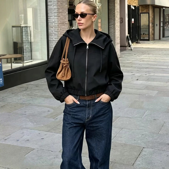 Women Light Hooded Jacket Cropped with Elastic Hem Mune Fashion