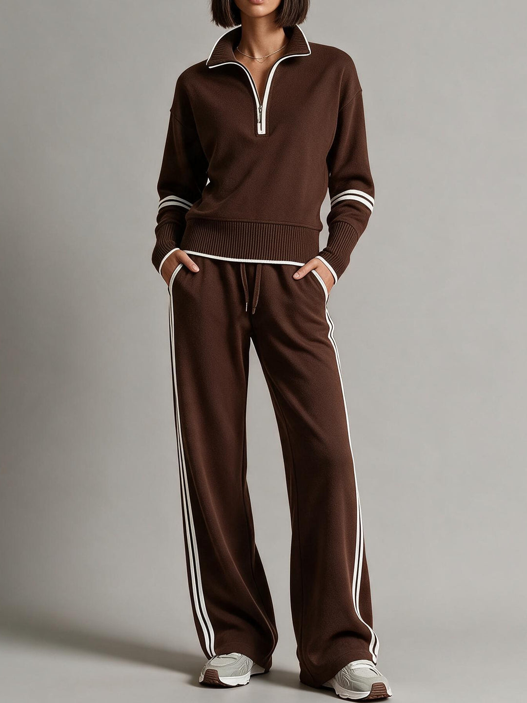 Women's Comfortable Knit Jogging Set with Stand-Up Collar, Half Zipper and Contrast Stripes Mune Fashion