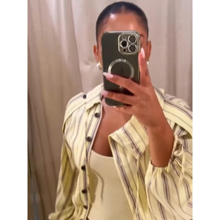 Women Striped Two-Piece Loungewear Set with Oversized Shirt Jacket and Drawstring Pants Mune Fashion