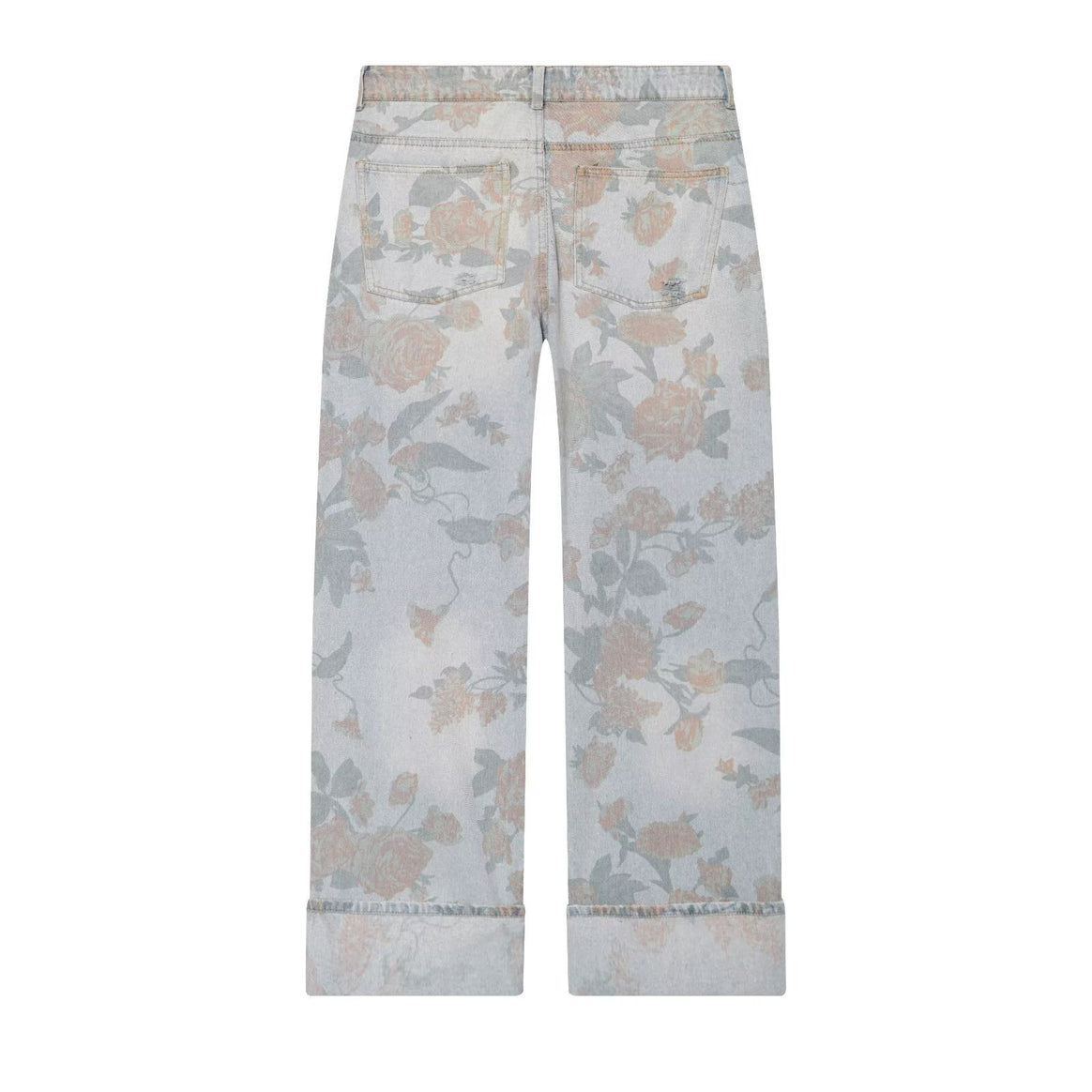 Ladies Wide Floral Print Denim Trousers with Straight Leg and Cuff Mune Fashion
