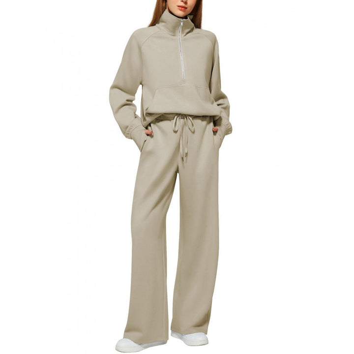 Women's Two-Piece Lounge Set with Half Zip, Stand Collar and Wide Palazzo Pants Mune Fashion