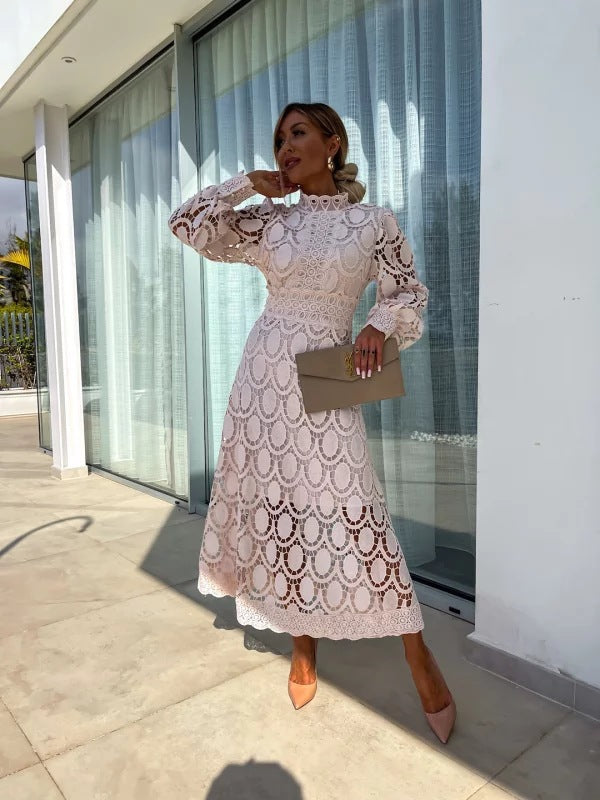 Women's crocheted midi dress with stand-up collar, transparent lace sleeves, and fitted A-line Mune Fashion
