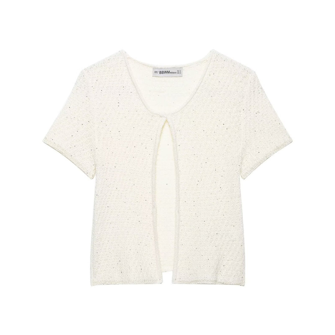 Women's Short-Sleeved Boucle Cardigan with Open Front Slit Drune