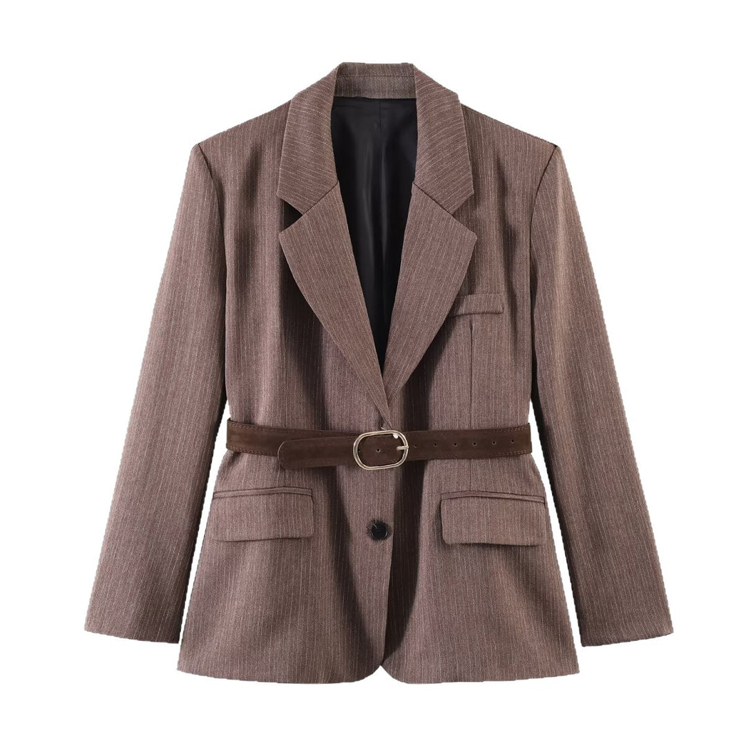 Ladies Tailored Pinstripe Blazer with Removable Belt Mune Fashion