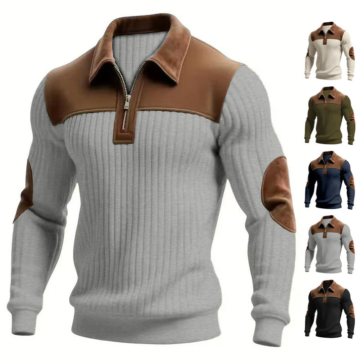 Men's ribbed half-zip pullover with contrasting leather appliqués on shoulders and elbows Mune Fashion