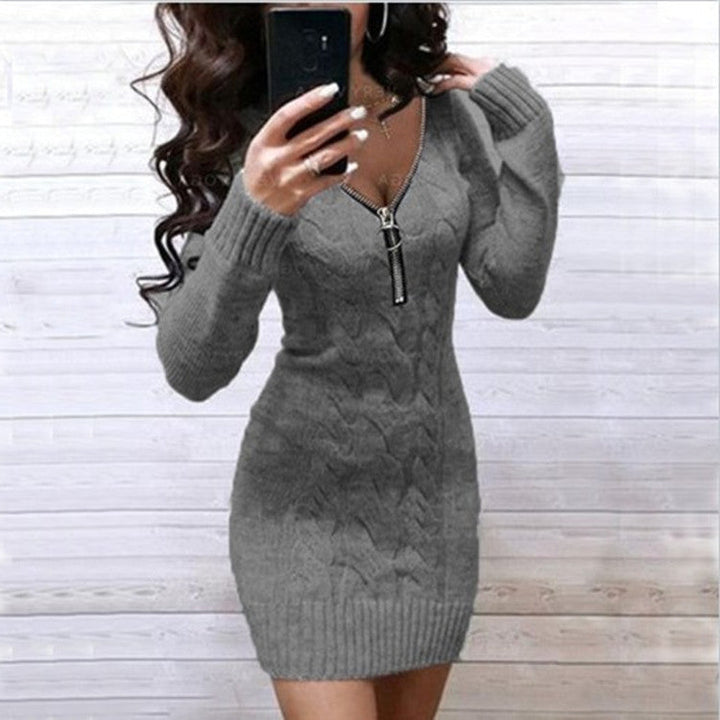 Ladies Knit Dress with Zipper and Cable Pattern Mune