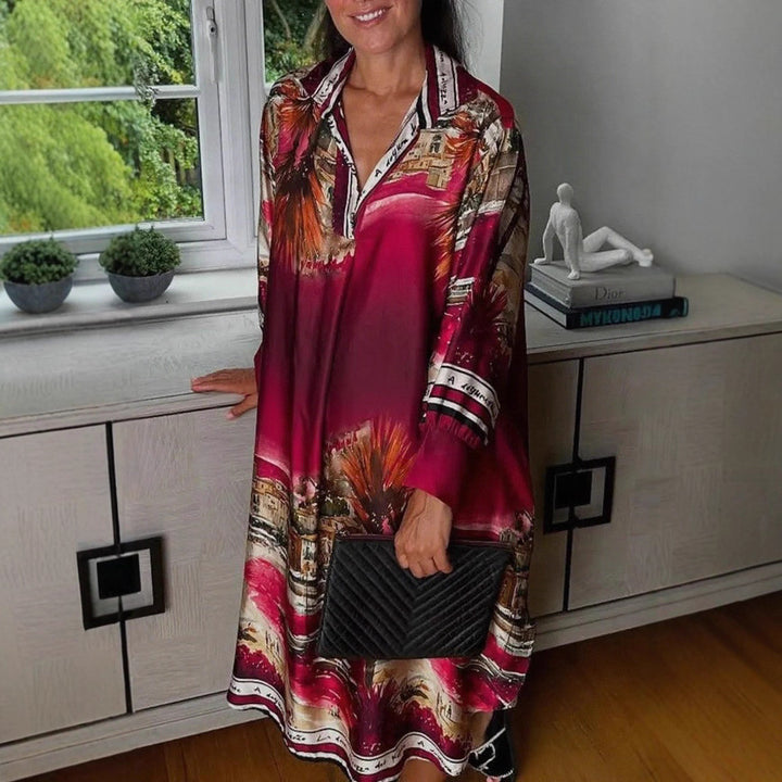 Women's blouse dress in silk look, kaftan style, with an illustrative coastal print Mune Fashion