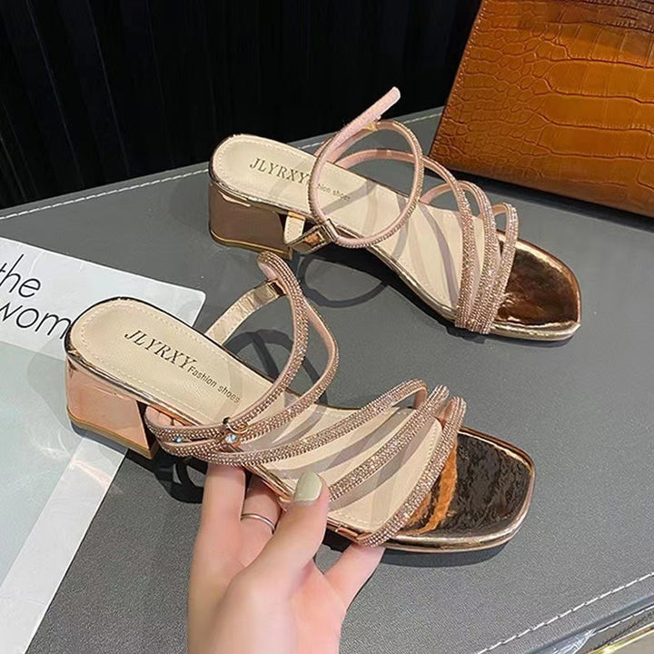 Ladies Elegant Rhinestone-Strap Sandals with Square Toe Box and Stable Block Heel Mune Fashion