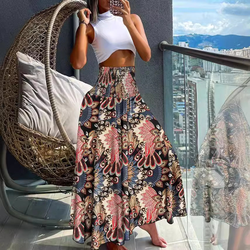Ladies nan maxi skirt with high smocked waist and flowing boho pleated look Mune Fashion