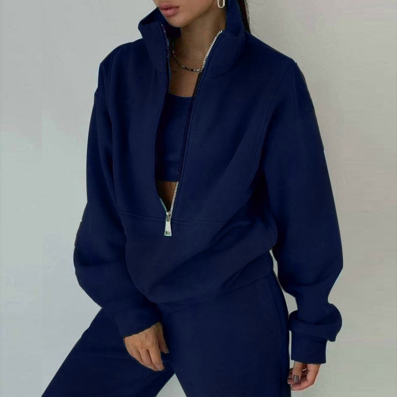 Women's Oversized Half-Zip Sweatshirt with High Stand Collar and Concealed Kangaroo Pocket Mune Fashion