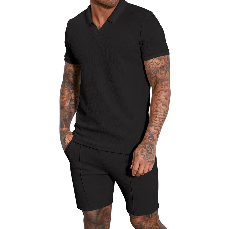 Men's short-sleeved half-collar knit set with fine waffle structure and straight-cut shorts Mune Fashion