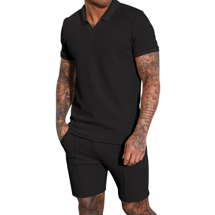 Men's short-sleeved half-collar knit set with fine waffle structure and straight-cut shorts Mune Fashion