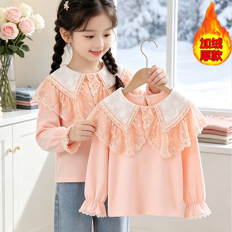 Girl's blouse with elegant lace collar and ruffle details Mune Fashion