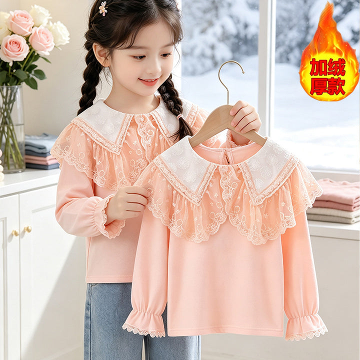 Girl's blouse with elegant lace collar and ruffle details Mune Fashion