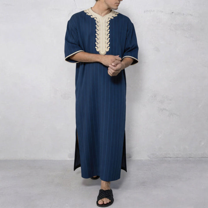 Men's striped Djellaba with decorative chest embroidery and side slit Mune Fashion