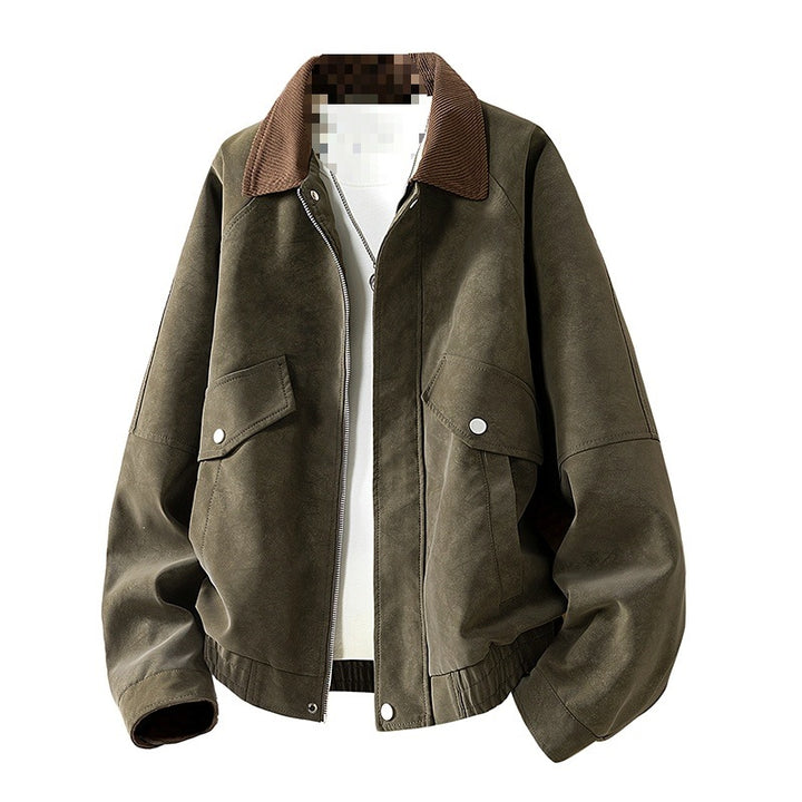 Men's Oversized Velour-Look Transitional Blouson with Shirt Collar, Zipper & Elastic Hem