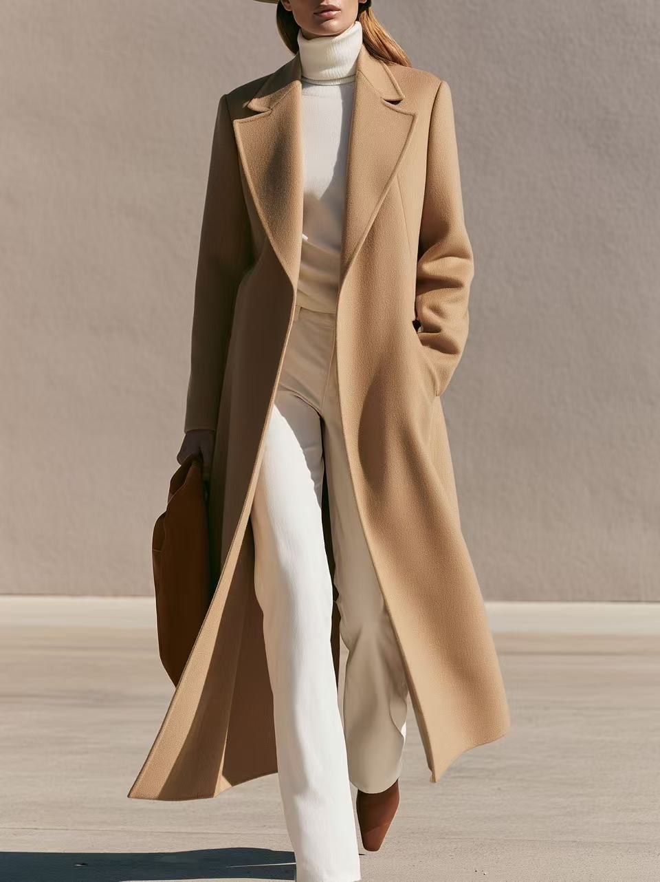 Women Longline Wool Coat with Wide Lapels and Tailored Fit Mune Fashion