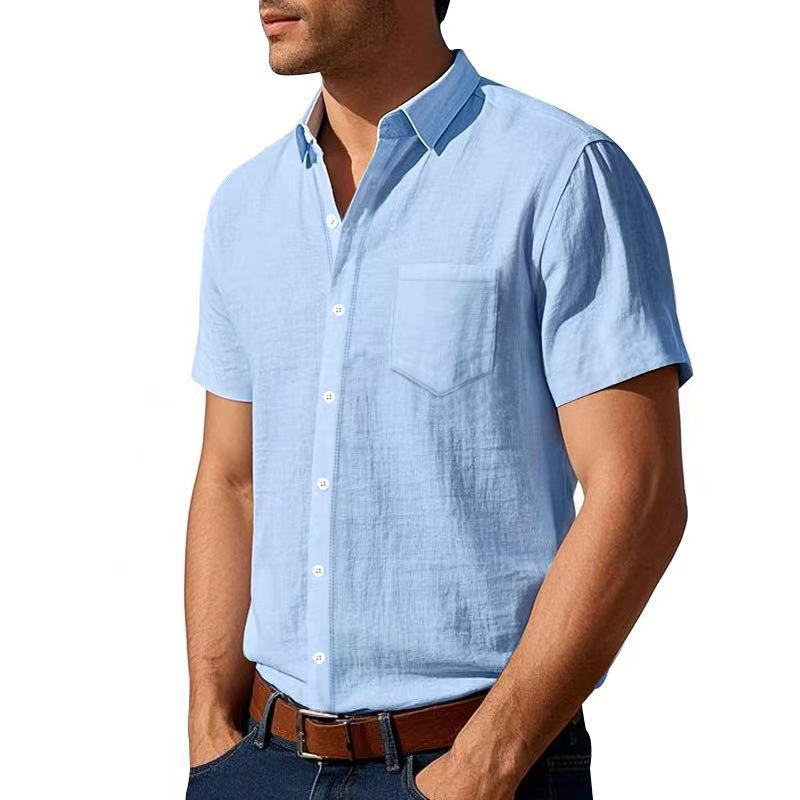 Men's short-sleeved cotton-linen casual shirt with Kent collar, chest pocket, and continuous button placket Mune Fashion
