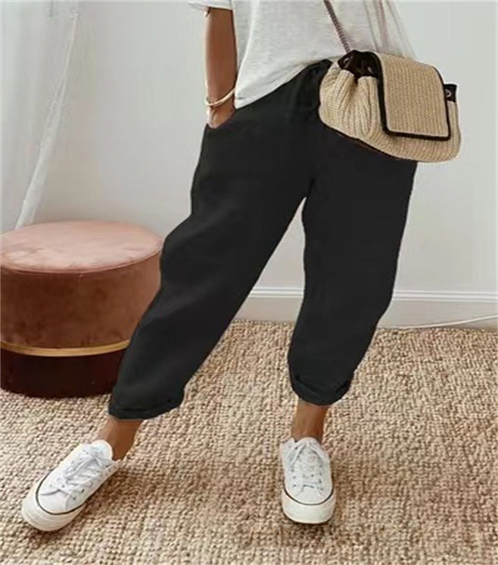 Women's lightweight linen pants with drawstring, loose pleat fit, and rolled ankle hem Mune Fashion