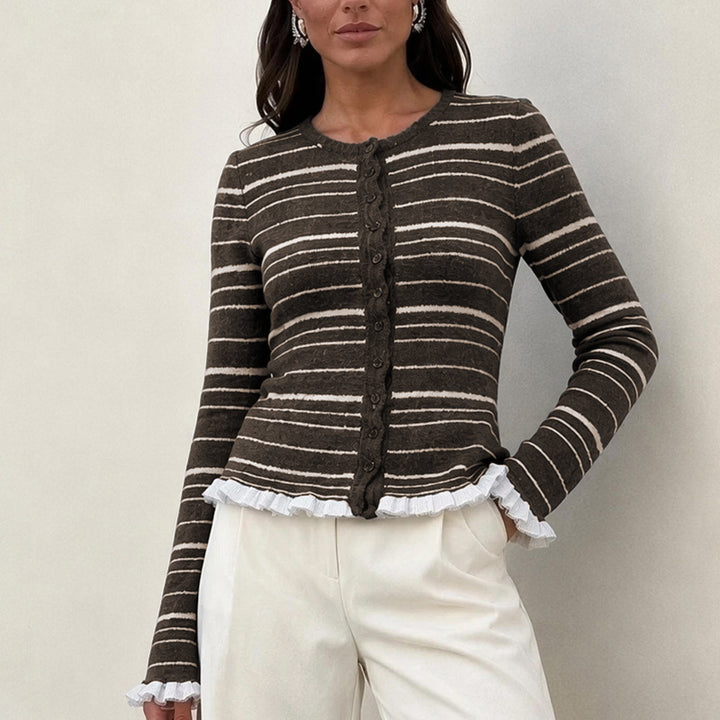 Women's fine knit button cardigan with stripes, ruffle trim & tailored fit Mune Fashion
