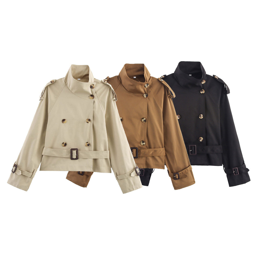 Women's Short Double-Breasted Trench Blouson with High Stand Collar, Shoulder Tabs, and Waist Belt Mune Fashion