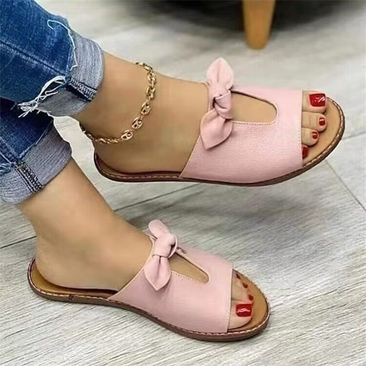 Women's Elegant Faux Leather Slides with Decorative Bow and Soft Comfort Footbed Mune Fashion