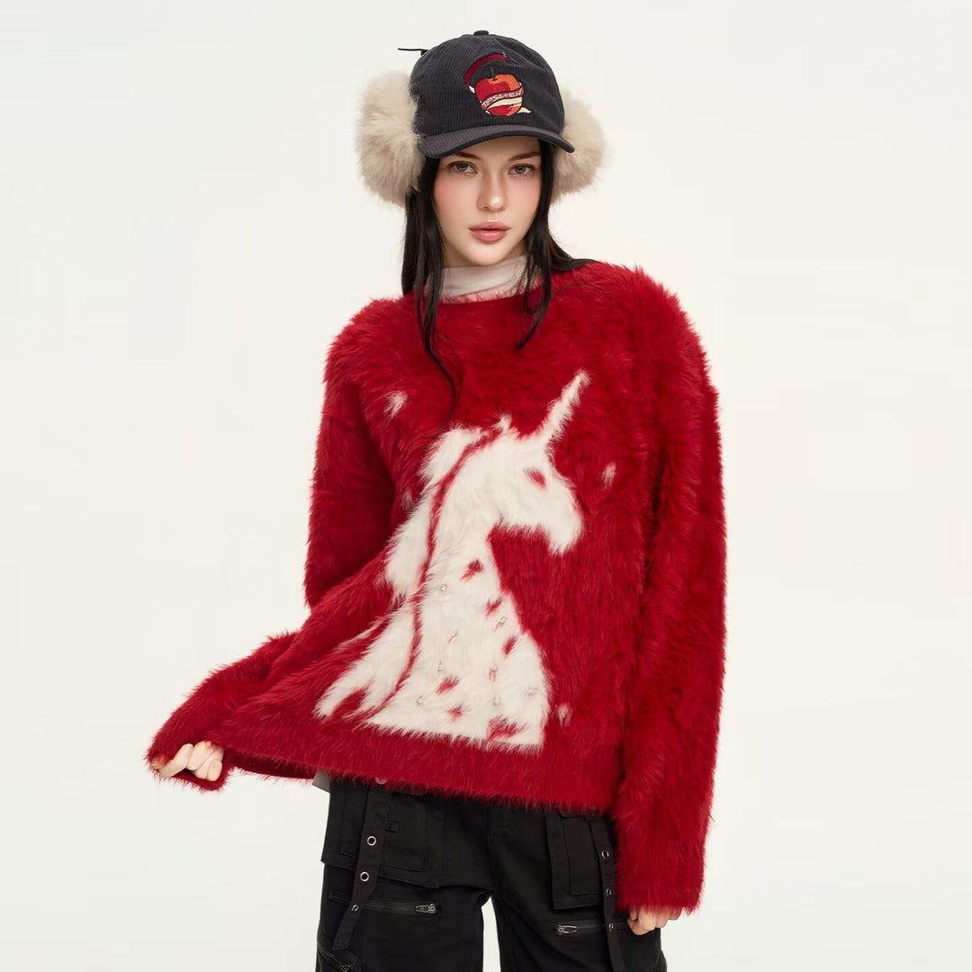 Ladies Cozy Chunky Knit Sweater with Unicorn Motif Mune Fashion