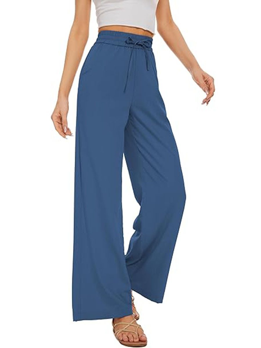 Women's wide linen pants with high elastic waistband, drawstring, and side pockets Mune Fashion
