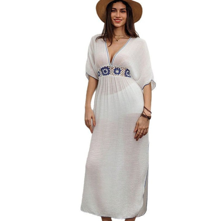 Women elegant maxi dress with floral crochet accents Mune Fashion