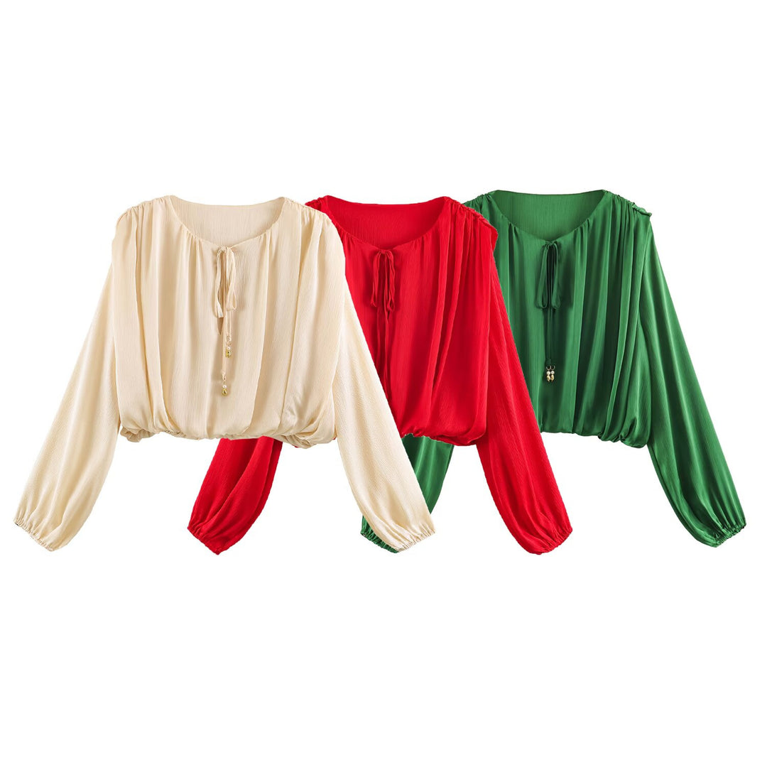 Women's airy Boho Carmen blouse with drawstring, wide balloon sleeves, and elastic hem Mune Fashion