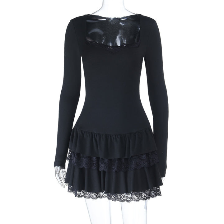 Women's fitted long sleeve mini dress with square neckline and lace ruffles Mune Fashion