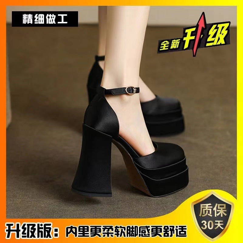 Women's ankle strap sandals with sculptural block heel, square toe, and crystal-embellished ankle strap Mune Fashion
