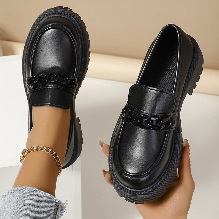 Ladies Fashion Slip-On Loafers with Thick Platform Sole and Chain Application Mune Fashion
