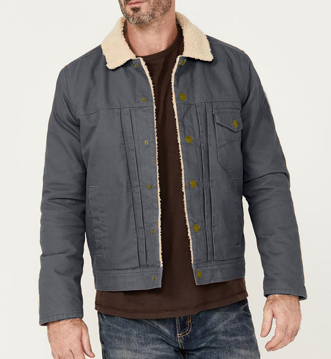 Men's Canvas Trucker Jacket with Teddy Lining and Cord Collar Mune Fashion
