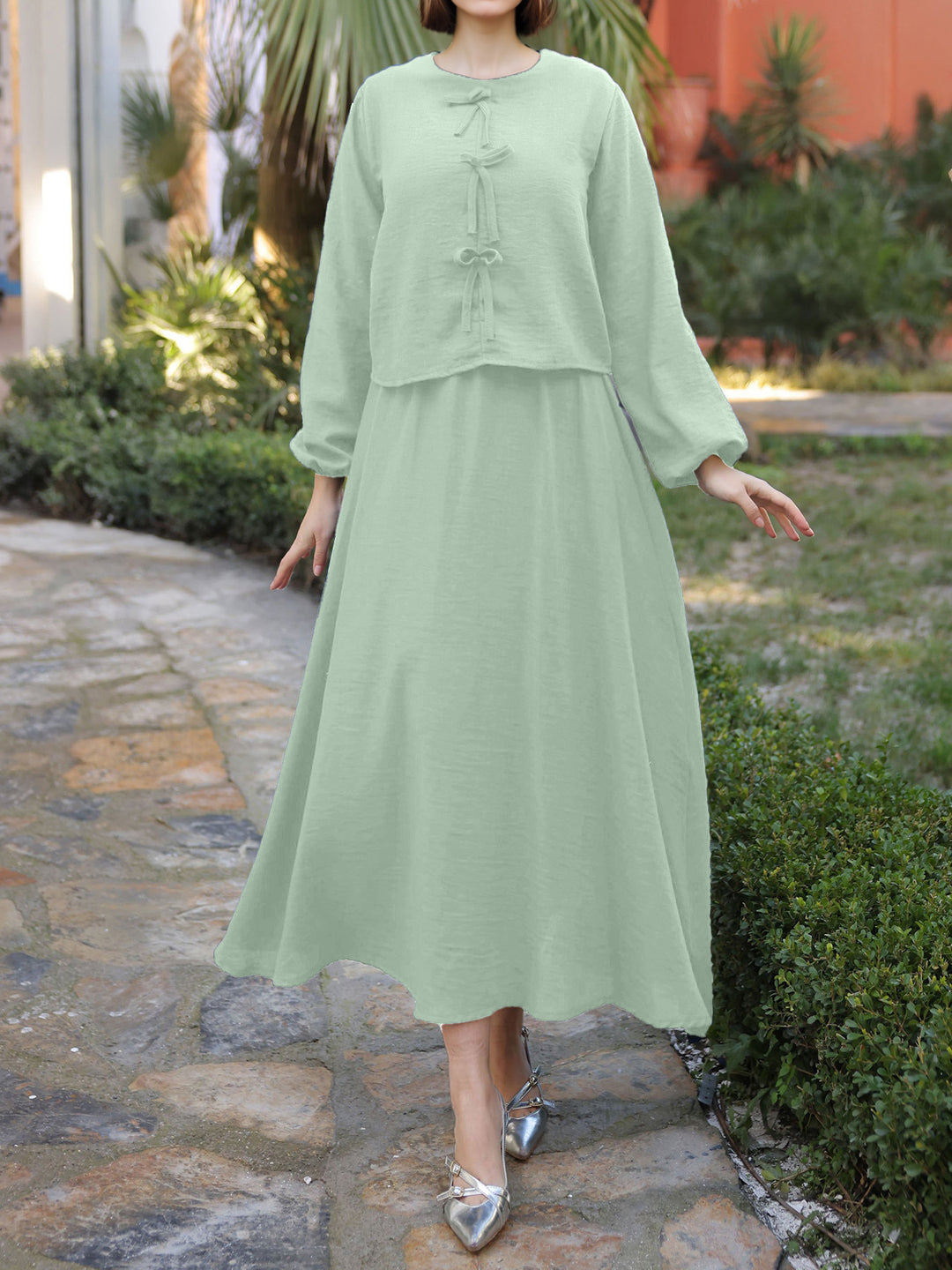 Ladies Long Two-Piece Maxi Dress with Overlay, Round Neck and Decorative Knot