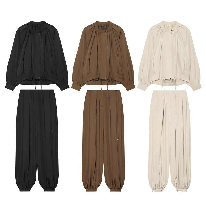 Women's Lightweight Blouson Jacket with Gathered Stand Collar, Balloon Sleeves, and Drawstring Mune Fashion