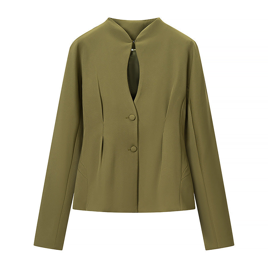 Women Tailored Short Blazer with Keyhole Collar and Tonal Decorative Buttons Mune Fashion