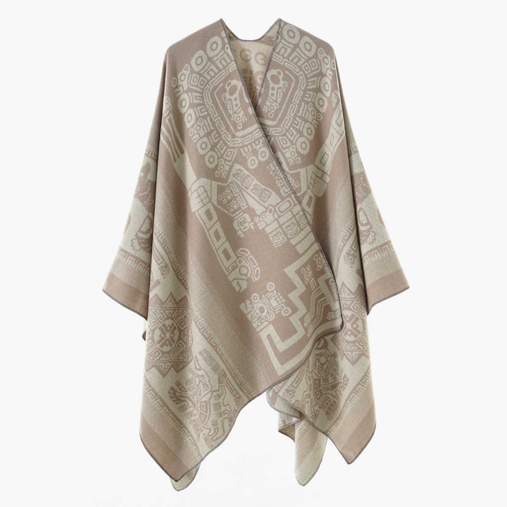 Women's Oversize Jacquard Wrap Cape with Geometric Aztec Pattern Mune Fashion