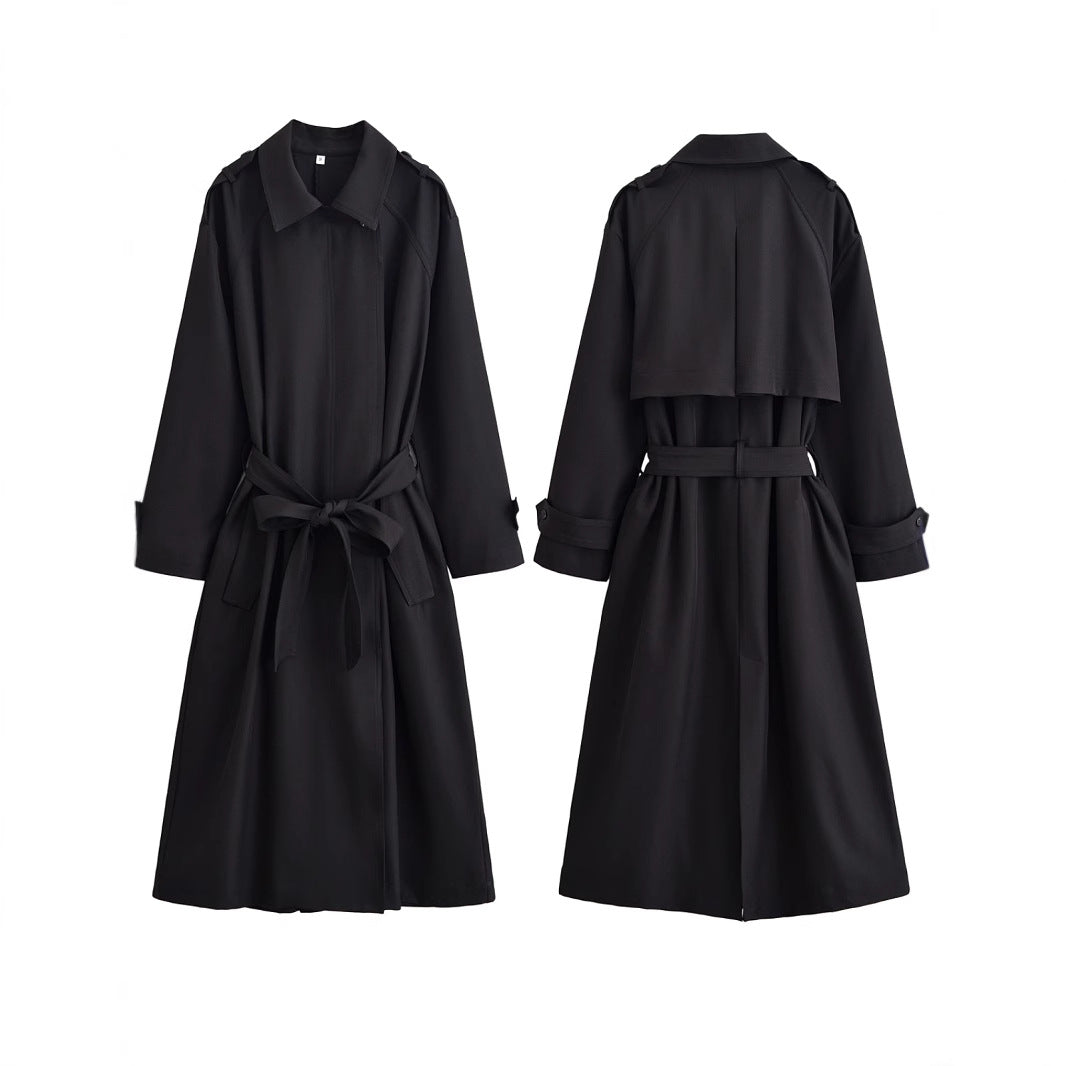 Ladies longer waist-adjustable trench coat with tie belt and epaulettes Mune Fashion