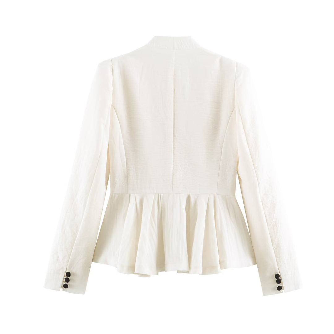 Women Tailored Blazer Jacket with Deep V-Neck, Peplum and Decorative Button Placket Mune Fashion