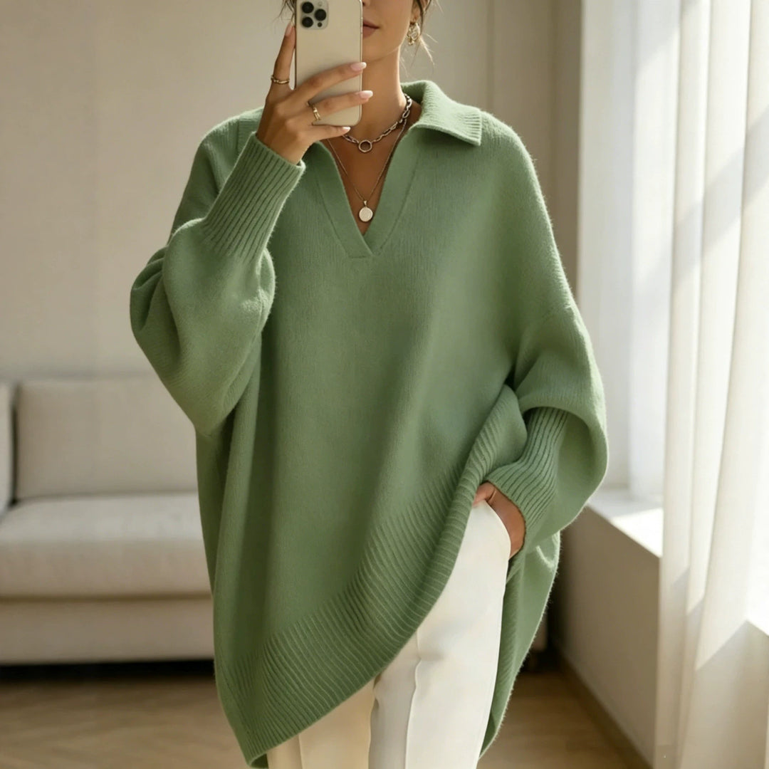 Women Oversize Polo Collar V-Neck Knitted Sweater with Balloon Sleeves Mune Fashion