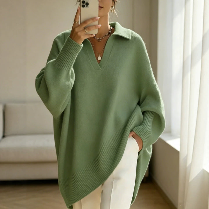 Women Oversize Polo Collar V-Neck Knitted Sweater with Balloon Sleeves Mune Fashion