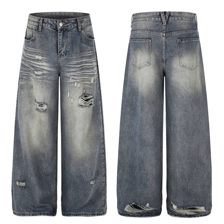 Women's Wide Destroyed Denim Culotte Jeans with High Waist and Used Effect