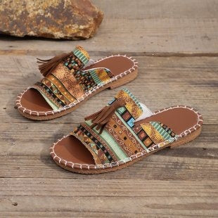 Women's Boho-Ethno-Tassel-Slides with Braided Sole and Padded Insole Mune Fashion