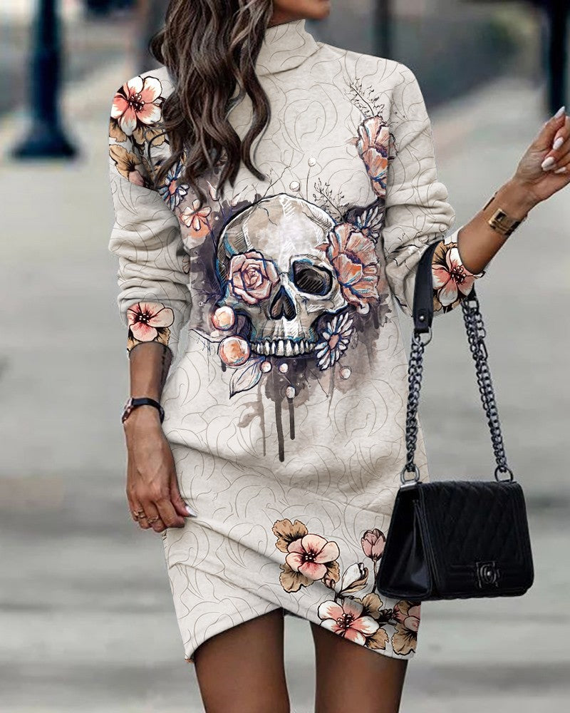 Women's Stylish Sweat Dress with Skull and Flower Pattern Mune Fashion