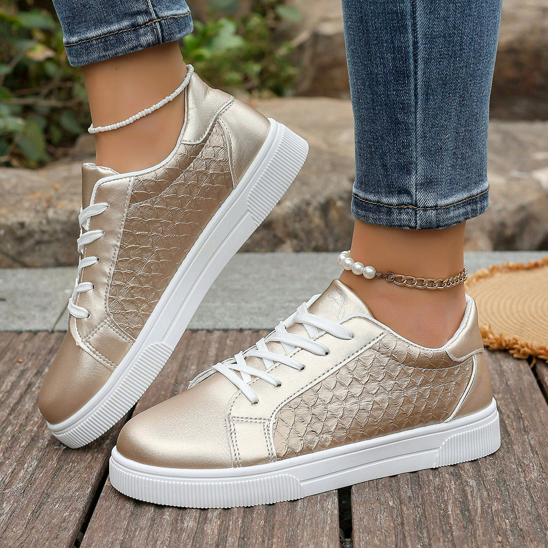 Women Shiny Sneakers with Crocodile Embossing, Padded Insole and Slip-Resistant Profile Sole Mune Fashion