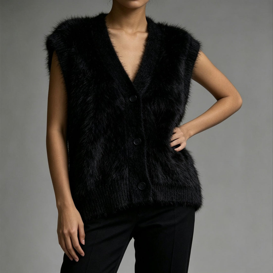 Women's Fluffy Sleeveless Button Vest made of Mohair Blend with Deep V-Neck Mune Fashion