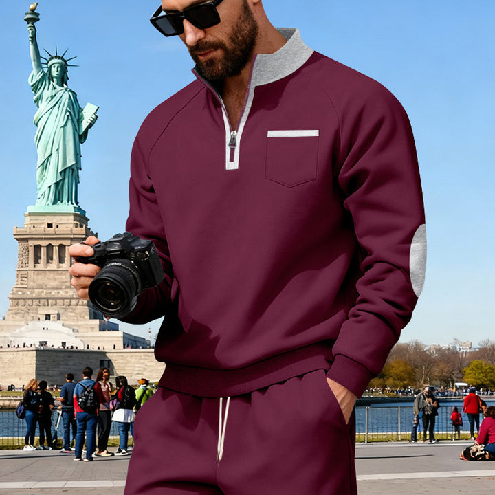 Men's Fleece Quarterzip Pullover with Chest Pocket and Elbow Patches Mune Fashion