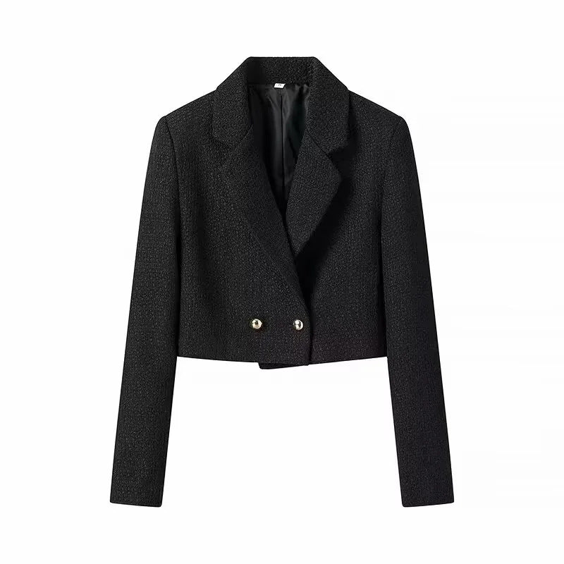 Women's short bouclé cropped jacket with lapel collar and decorative metal buttons Mune Fashion