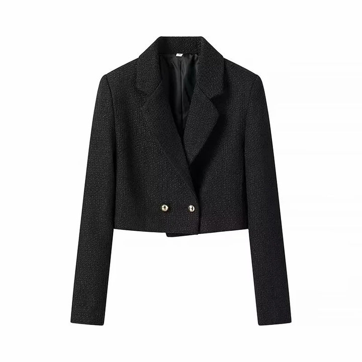 Women's short bouclé cropped jacket with lapel collar and decorative metal buttons Mune Fashion